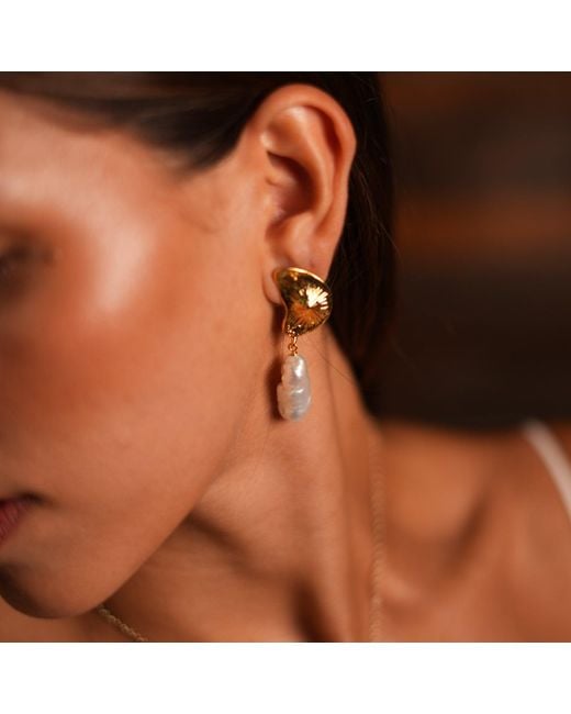 Ebru Jewelry Metallic Sea Shell & Pearl Drop Good Luck Earrings