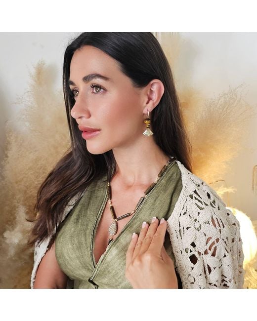 Farra Brown Y Shaped Tiger-Eye Stone With Rhinestone Tassel Lariat Necklace