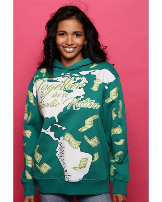 Miracles Manifester Green Manifestation Embroidered Hoodie With Rhinestone Design