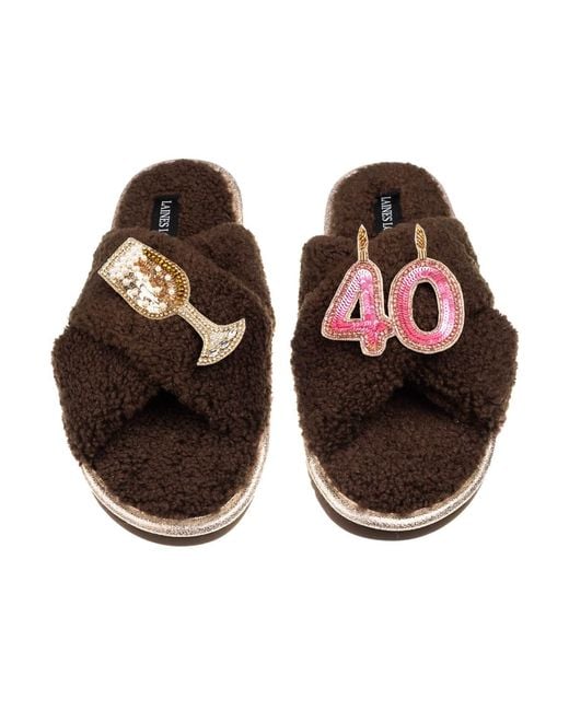 Laines London Brown Neutrals Laines Neutral Boucle Slippers With 40Th Birthday & Champers Brooches