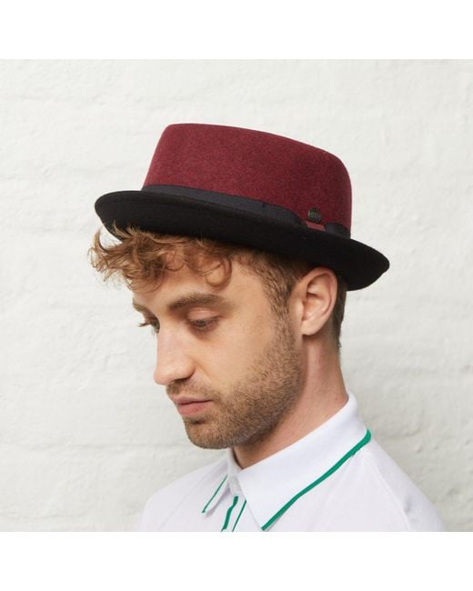 Dasmarca Hats Red Jackson Burgundy Wool Felt Two Tone Porkpie Hat for men