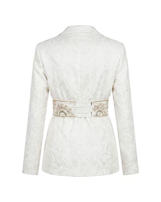 International Appeal White Paisley Blazer With Embellished Waisted Belt