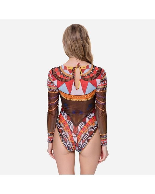 Rodasoleil Smart Swimwear Brown Tan-Through Mesh One-Piece Swimsuit With Sleeves Africa