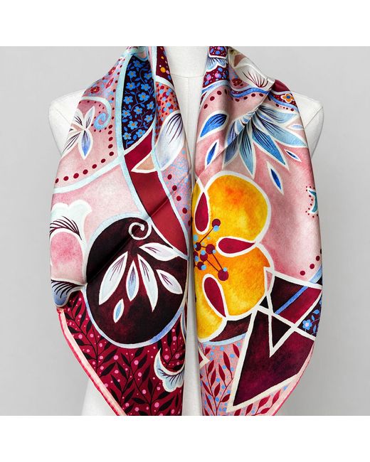 Wenzi Red Rhythms Of Bloom Hand Painted Pattern Double Sided Silk Twill Scarf