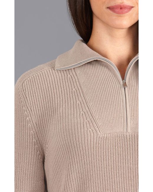 Paul James Knitwear Gray Neutrals Midweight Cotton Caitlyn Troyer Zip Neck Ribbed Jumper