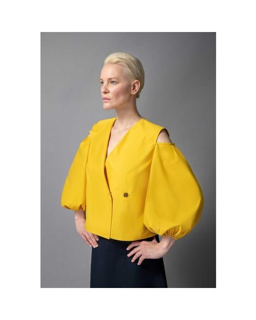 Femponiq Yellow Cold Shoulder Puff Sleeve Lapel Top