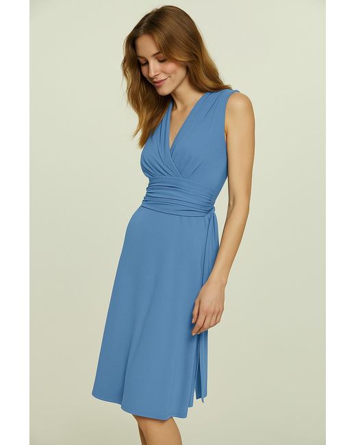 Conquista Blue Dusty Light Sleeveless Jersey Dress With Waist Tie