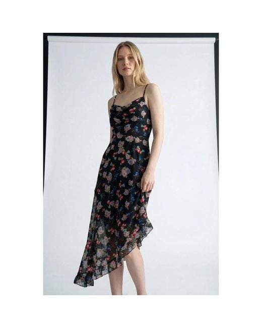 Louche Black Dina Carpathian Florals Print Asymmetric Strappy Midi Dress
