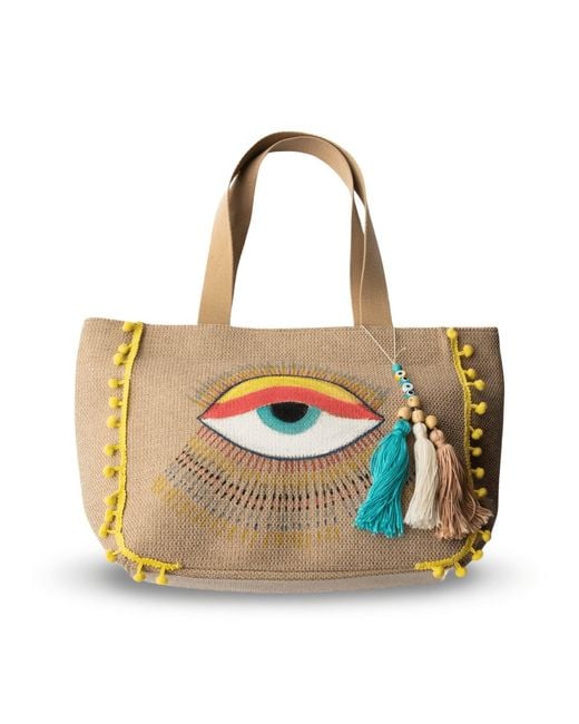 Casa Duniya Yellow Neutrals Antalya Hand-Painted Evil Eye Beach Bag – Pom Pom Edition