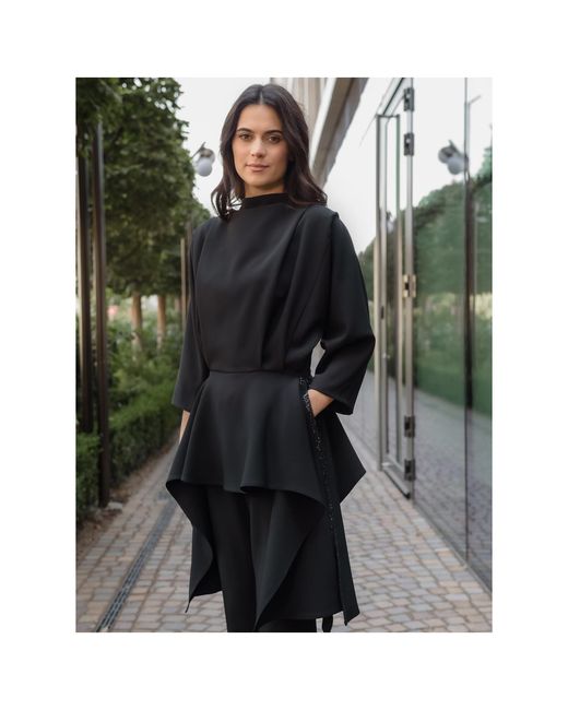 concept A trois Black Elegant Top With Peplum And Pleats With Sequined Details