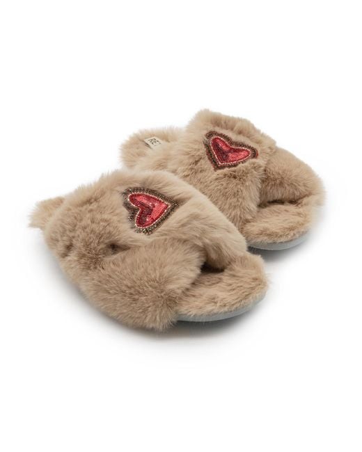 Rettrose Natural Neutrals Amour Mink Luxury Plush Diamanté Heart Embellished Handmade Slipper