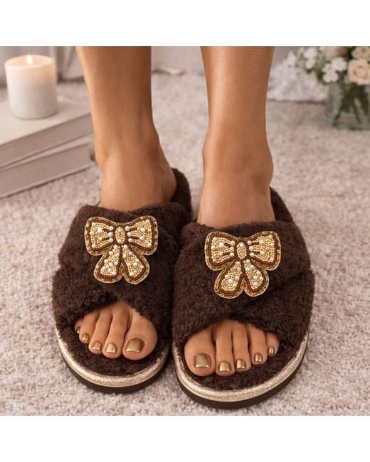 Laines London Brown Neutrals Neutral Boucle Slippers With & Pearl Beaded Pretty Bow Brooches