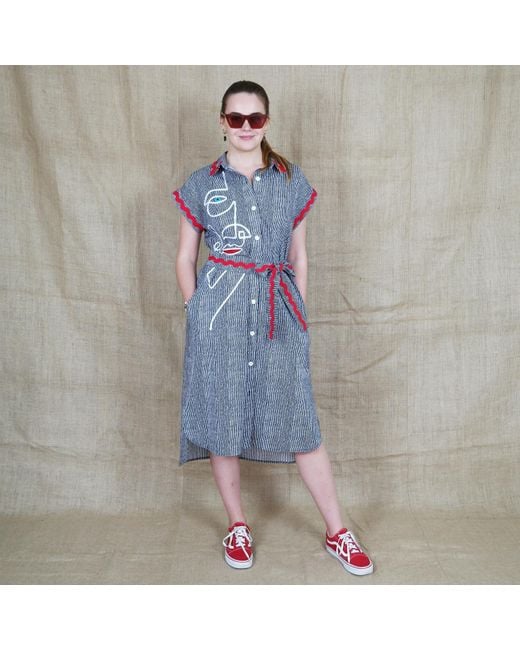 Lalipop Design Blue Pinstripe Cotton Shirtdress With Face Embroidery