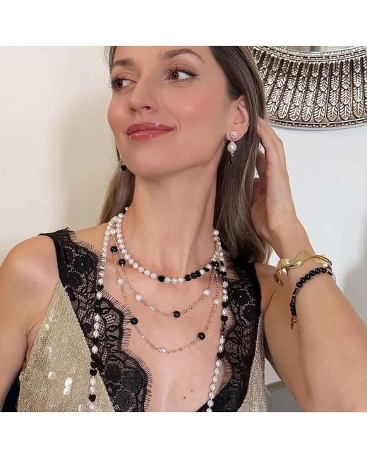 Farra Metallic Freshwater Pearls With Heart Shaped Obsidian Choker Necklace