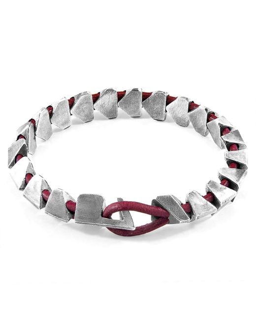 Anchor and Crew Metallic Red Bordeaux Brixham Maxi Silver & Round Leather Bracelet for men