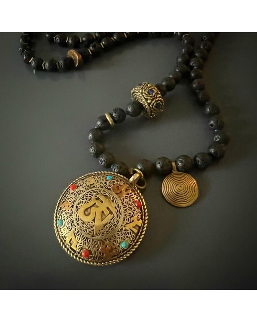 Ebru Jewelry Metallic Nepal & Gemstone Mantra Pendant Beaded Spiritual Necklace
