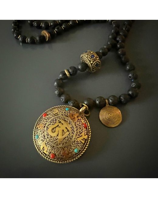 Ebru Jewelry Metallic Nepal Gold & Gemstone Mantra Pendant Black Beaded Spiritual Necklace
