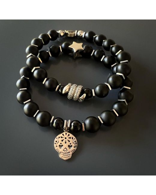 Ebru Jewelry Black Sterling Sugar Skull Charm Onyx Stone Beaded Bracelet