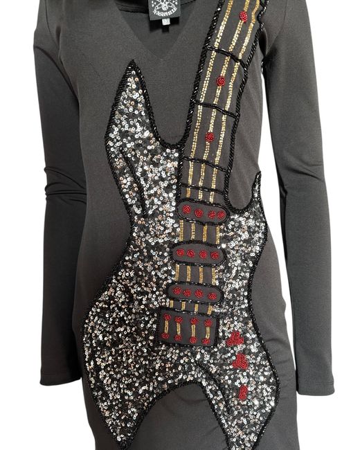 Any Old Iron Black Beaded Guitar Long Sleeve Mini Dress