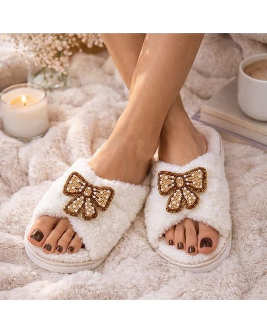 Laines London White Neutrals Neutral Boucle Slippers With & Pearl Beaded Pretty Bow Brooches