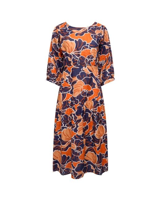 LAtelier London Red Luna Backless Cotton Midi Dress In Orange And Navy