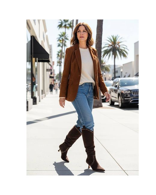 Beautiisoles by Robyn Shreiber Made in Italy Brown Vanesa Suede Tall Low Heel Boot Comfortable With Studs For Dressy Work & Evening