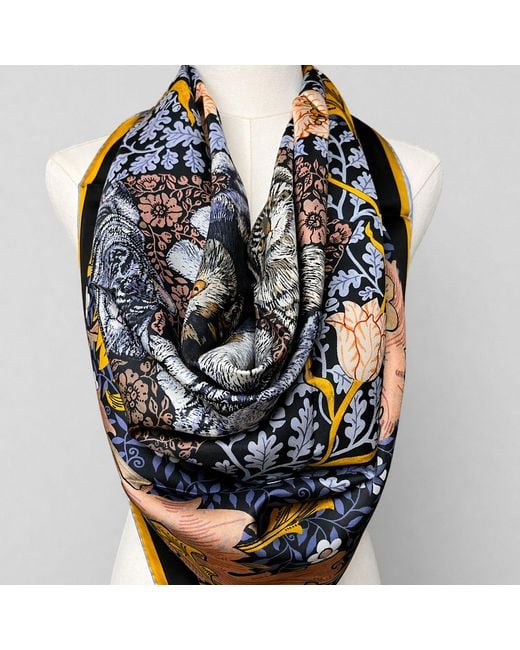 Wenzi Blue Whiskered Court Hand Painted Double Sided Silk Twill Scarf