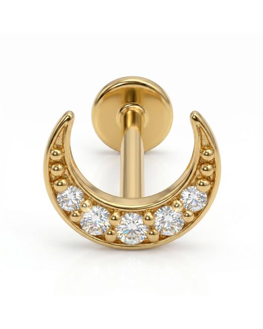 Zahav Jewelry Metallic 14K Solid 18G 8Mm Moon Round Cz Pave Internally Threaded Flat Back Stud