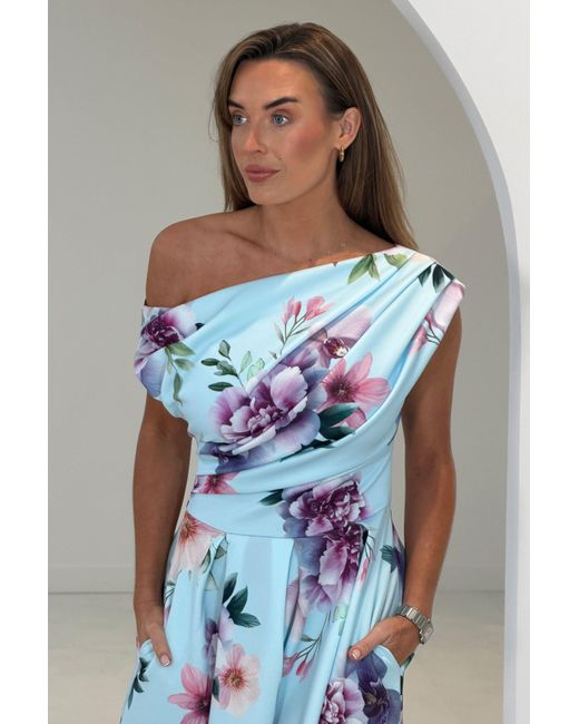 Girl In Mind Blue Betty Asymmetric Neckline Skater Midi Dress Print