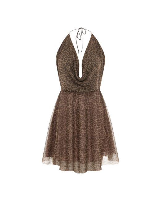 Pcfg Brown Leopard Neck Tie Mini Dress