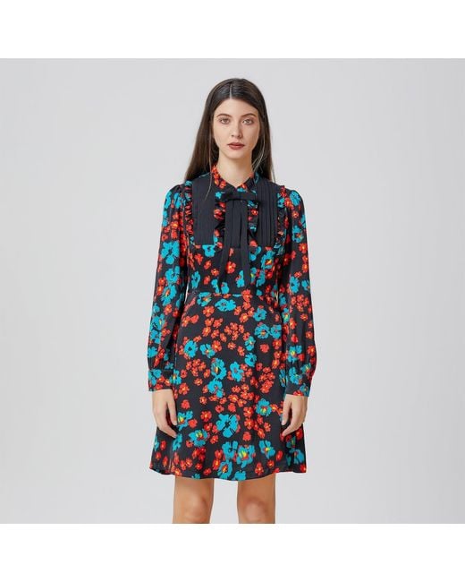 Smart and Joy Red Ascot-Tie Flower Print Mini Dress