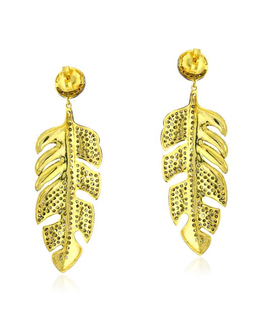 Artisan Metallic Natural Diamond & Moonstone With 18k Gold Silver Feather Design Dangle Earrings