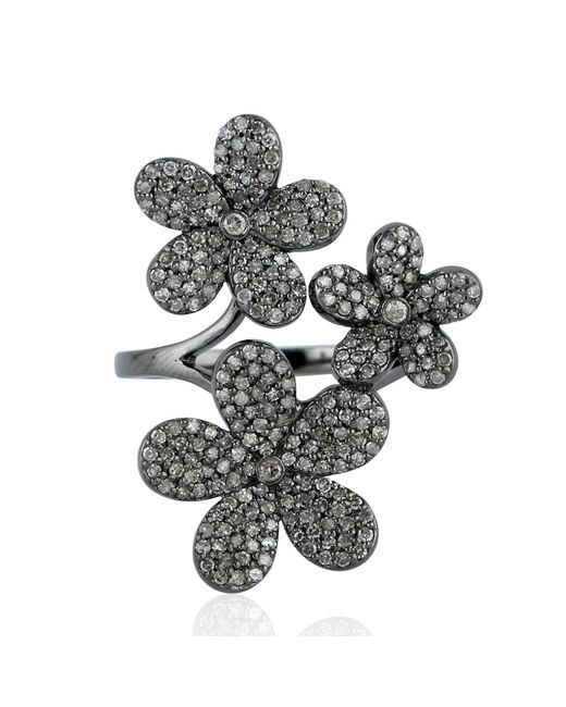 Artisan Gray Natural Diamond Pave Daisy Flower Shape Ring In 925 Sterling Silver Jewelry