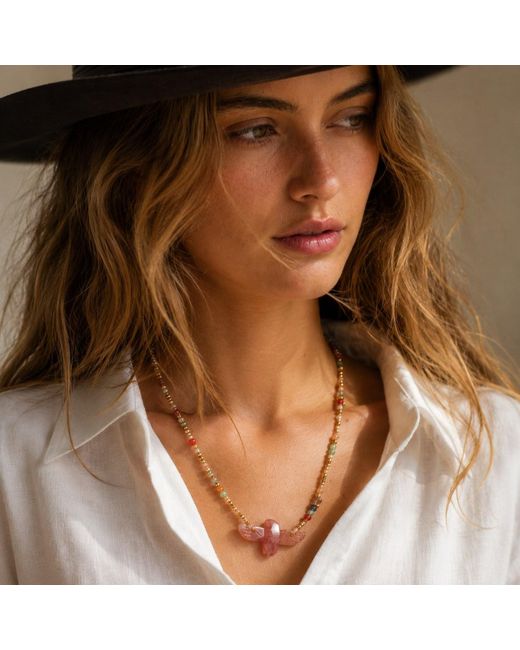 Ormiro Pink Wildwing Strawberry Quartz Eagle Necklace