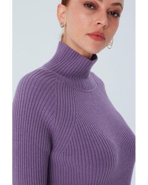 Peraluna Purple High Mock Neck Cashmere Blend Ribbed Knit Pullover