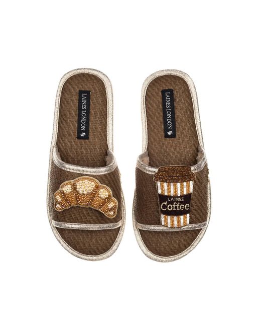 Laines London Brown Straw Braided Sandals With Coffee & Croissant Brooches