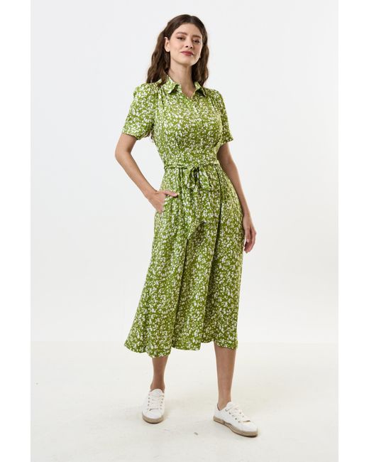 Louche Green Inesa Negative Floral Print Short Sleeve Midi Shirtdress