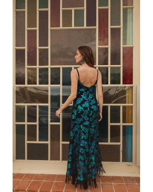 Jennafer Grace Blue Absinthia Fringe Faux Wrap Dress
