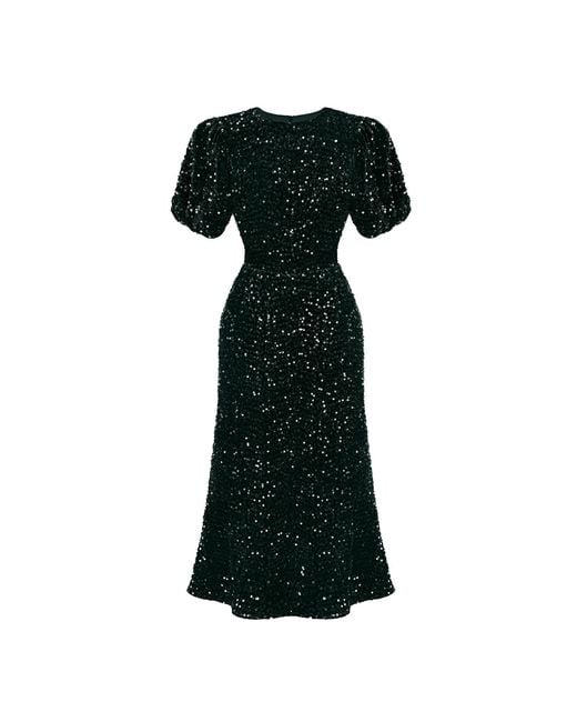 POST MERIDIEM Black Emerald Decorated Velvet Puff Sleeve Midi Dress