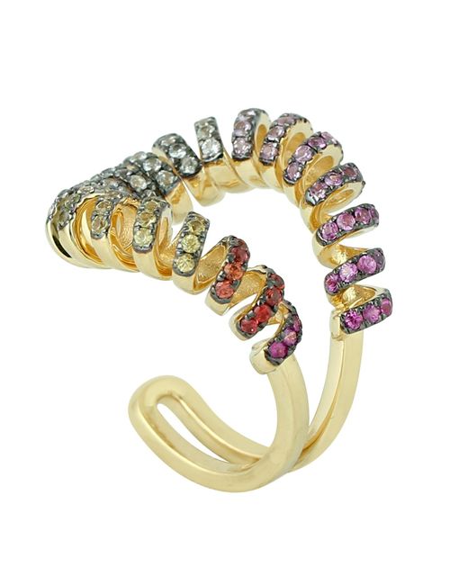 Artisan Metallic 18k Yellow In Real Spiral Multi Sapphire Gemstone Between The Finger Ring