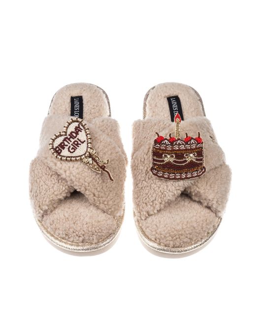 Laines London Brown Neutrals Neutral Boucle Slippers With Birthday Girl Balloon & Chocolate Cake Brooches