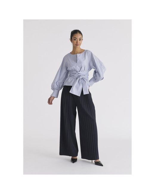 Paisie Blue Striped Volume Sleeve Blouse With Matching Belt
