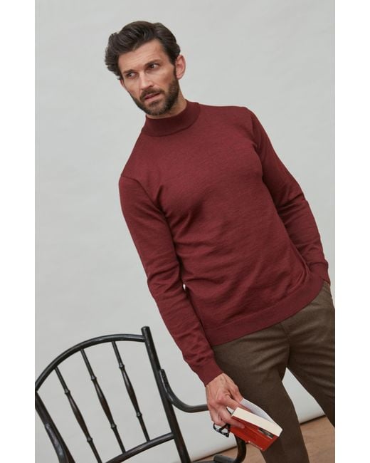 Paul James Knitwear Red Extra Fine Merino Wool Mock Turtleneck Shaw Jumper for men