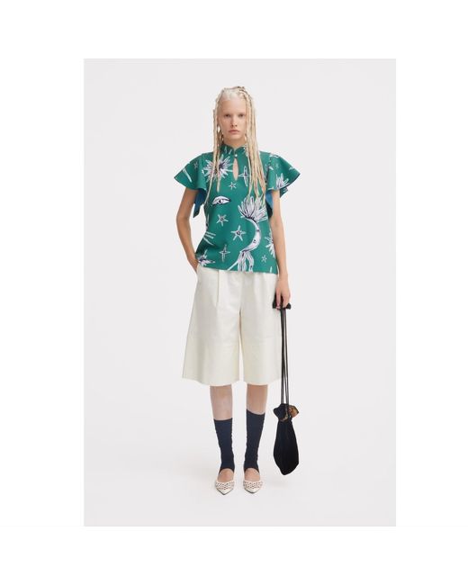 Julia Allert Green Stand Collar Ruffle Sleeve Blouse – Celestial Print