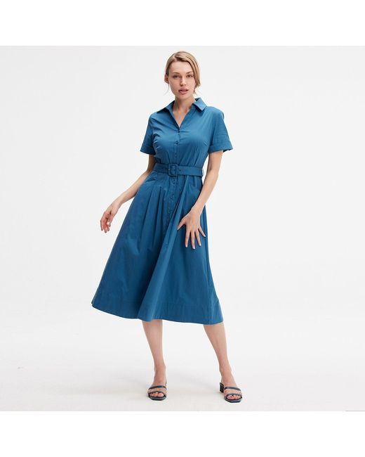 Smart and Joy Blue Flared Cotton Shirt Dress