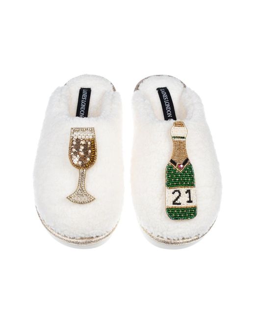 Laines London White Neutrals Teddy Closed Toe Slippers With 21St Champers Bottle & Glass Brooches