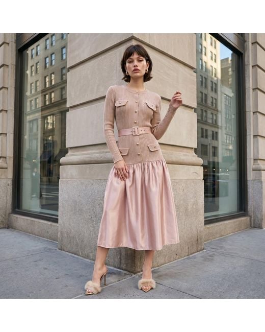 Modenaire Pink Textured Knit Midi Dress Refined Silhouette
