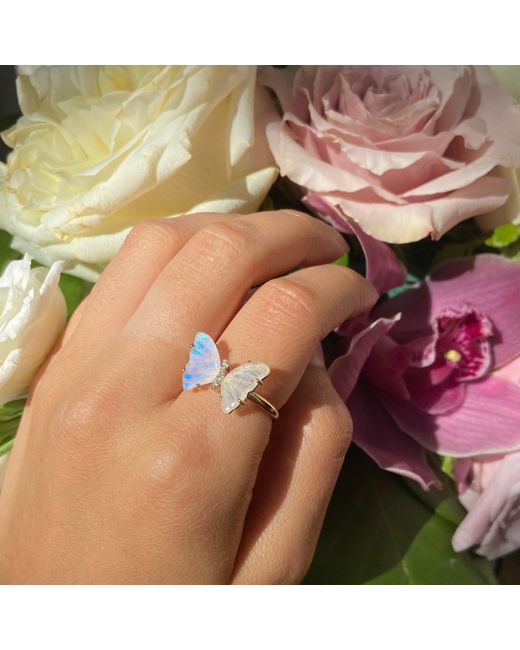 KAMARIA White Moonstone Butterfly Ring With Diamonds