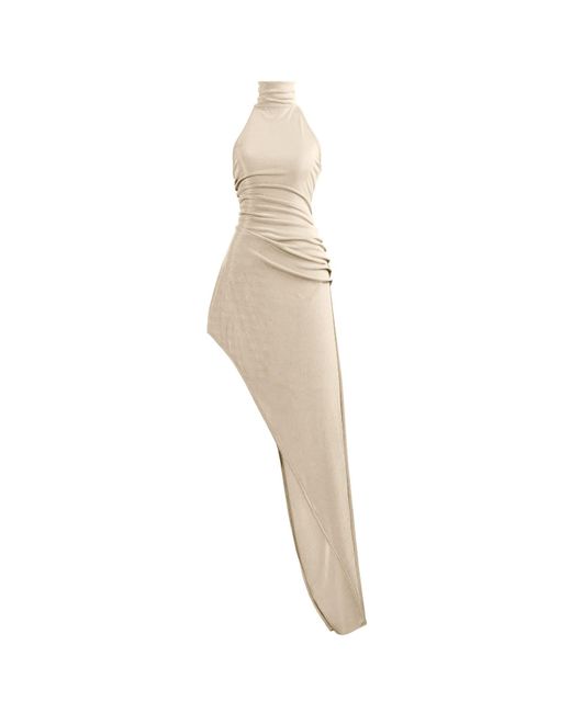 Kargede Natural Neutrals Bodycon Dress – High Neck, Asymmetrical Hem, Maxi Length