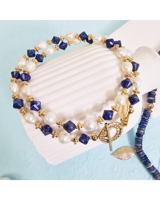 Farra Metallic Lapis With Freshwater Pearls Choker Necklace